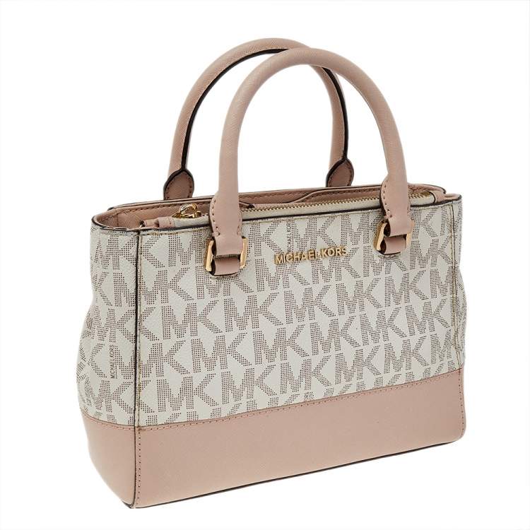 Pre Owned Michael Kors White/Pink Monogram Coated Canvas And Leather Kellen XS Satchel