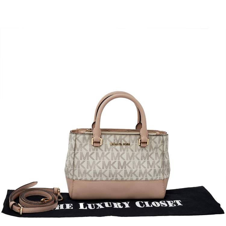 Pre Owned Michael Kors White/Pink Monogram Coated Canvas And Leather Kellen XS Satchel