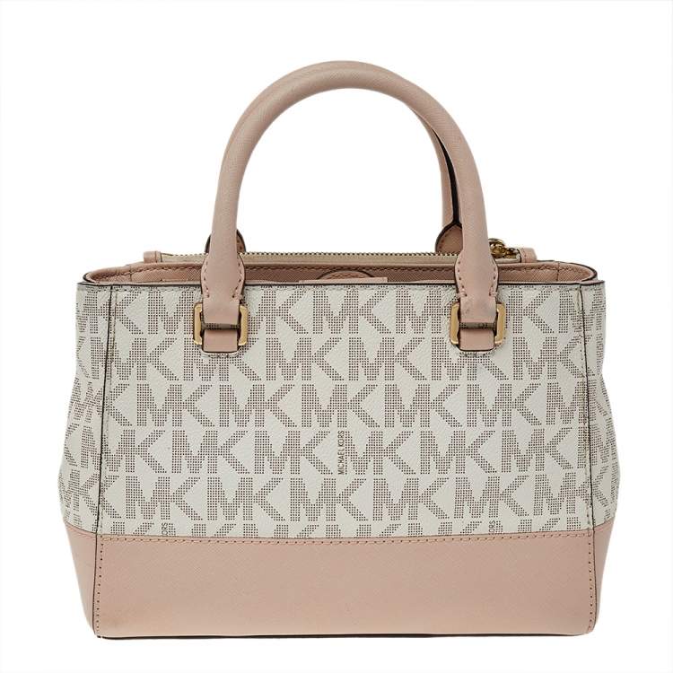 Pre Owned Michael Kors White/Pink Monogram Coated Canvas And Leather Kellen XS Satchel