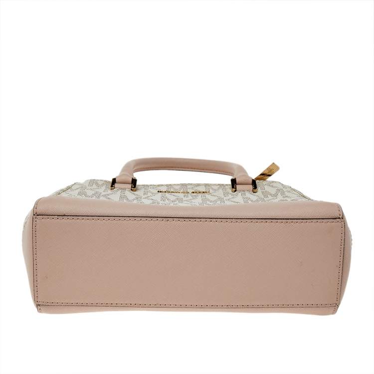 Pre Owned Michael Kors White/Pink Monogram Coated Canvas And Leather Kellen XS Satchel