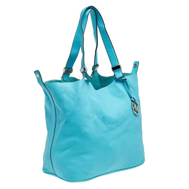 Pre Owned Michael Kors Aqua Blue Leather Large Colgate Grab Tote