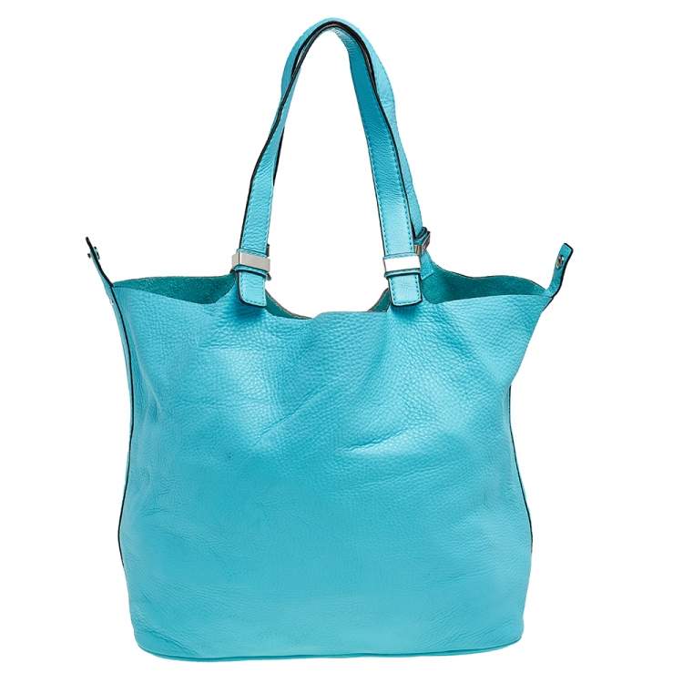 Pre Owned Michael Kors Aqua Blue Leather Large Colgate Grab Tote