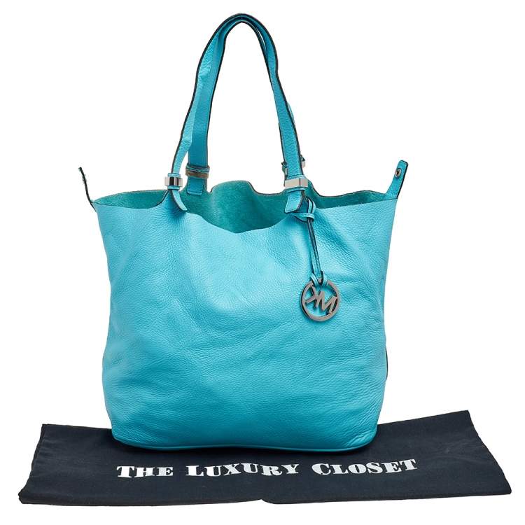 Pre Owned Michael Kors Aqua Blue Leather Large Colgate Grab Tote