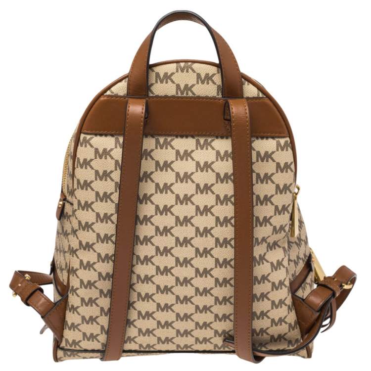 Pre Owned Michael Kors Beige Signature Coated Canvas Medium Abbey Backpack