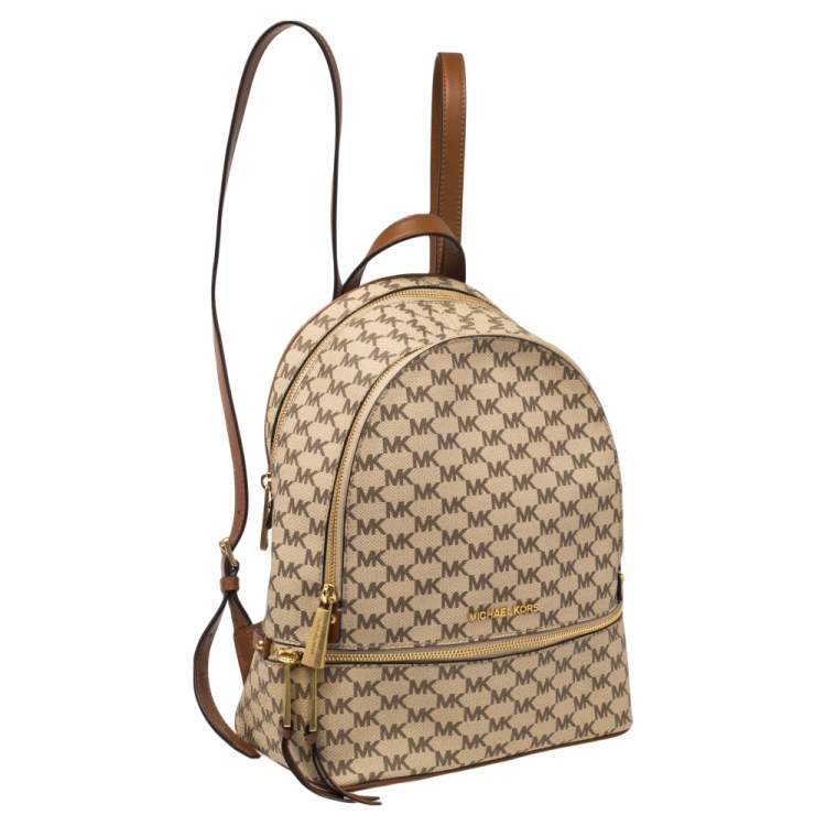 Pre Owned Michael Kors Beige Signature Coated Canvas Medium Abbey Backpack