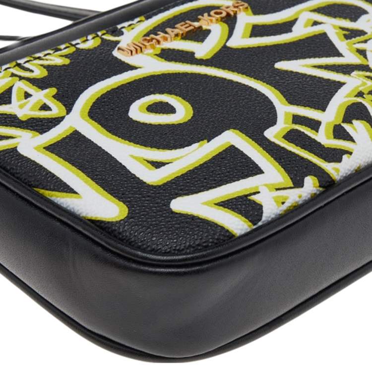Pre Owned Michael Kors Black Graffiti Print Coated Canvas and Leather Belt Wristlet Clutch