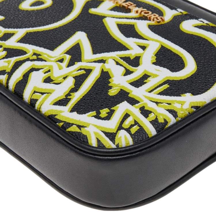 Pre Owned Michael Kors Black Graffiti Print Coated Canvas and Leather Belt Wristlet Clutch