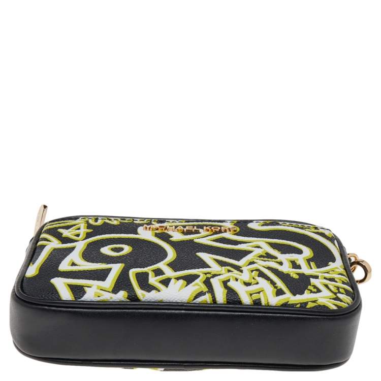 Pre Owned Michael Kors Black Graffiti Print Coated Canvas and Leather Belt Wristlet Clutch