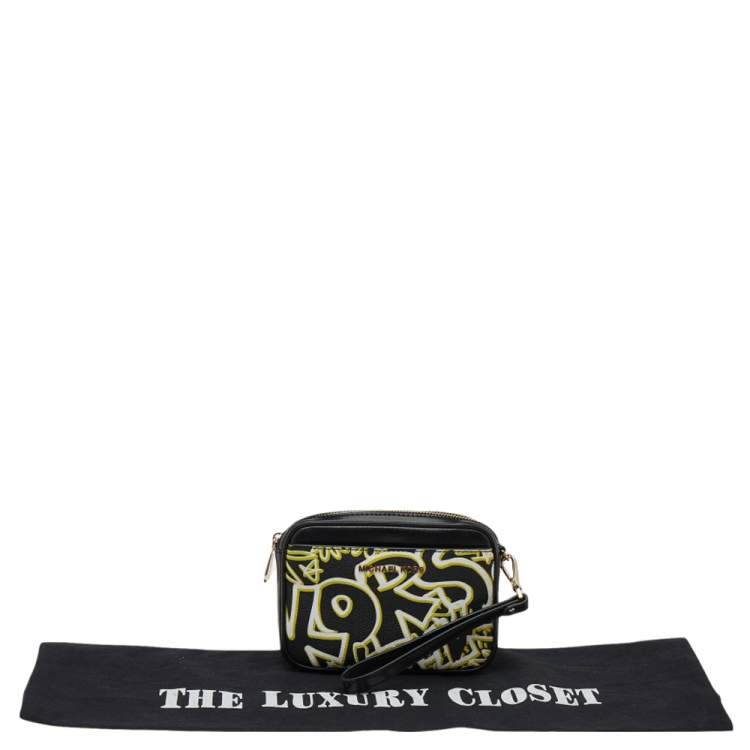 Pre Owned Michael Kors Black Graffiti Print Coated Canvas and Leather Belt Wristlet Clutch