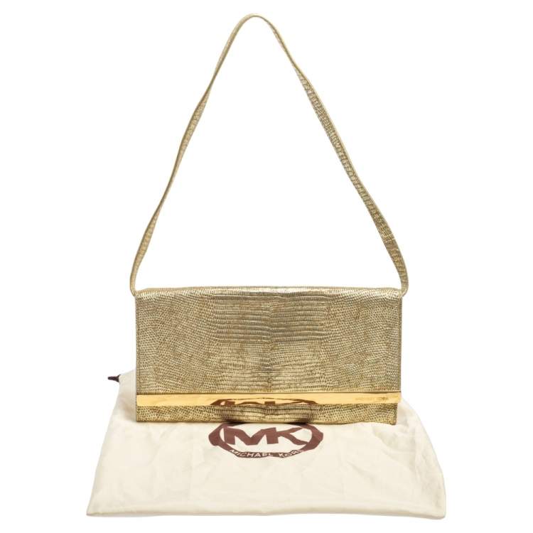 Pre Owned MICHAEL Michael Kors Metallic Gold Croc Embossed Leather Tilda Clutch