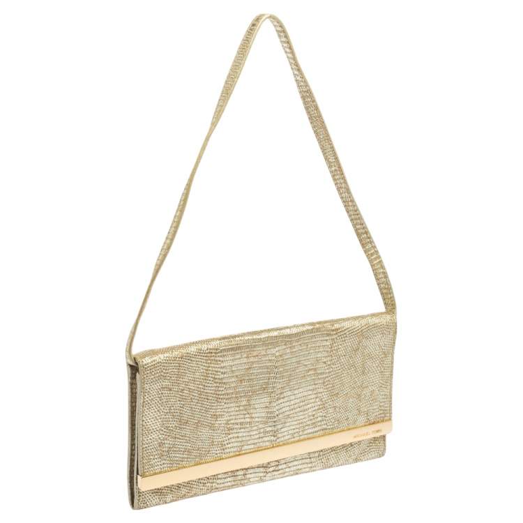 Pre Owned MICHAEL Michael Kors Metallic Gold Croc Embossed Leather Tilda Clutch