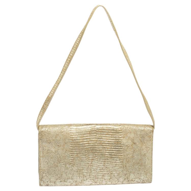 Pre Owned MICHAEL Michael Kors Metallic Gold Croc Embossed Leather Tilda Clutch