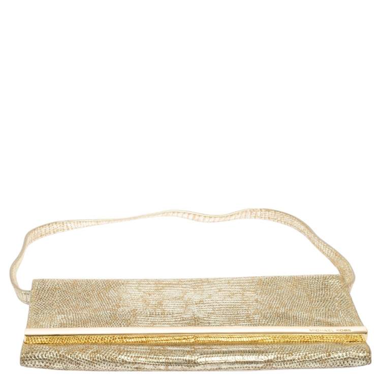 Pre Owned MICHAEL Michael Kors Metallic Gold Croc Embossed Leather Tilda Clutch