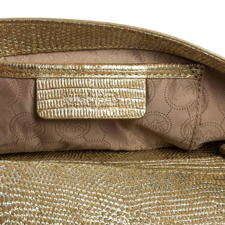 Pre Owned MICHAEL Michael Kors Metallic Gold Croc Embossed Leather Tilda Clutch