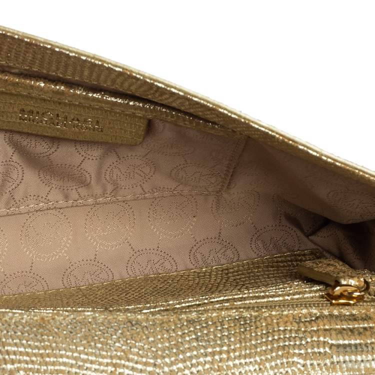 Pre Owned MICHAEL Michael Kors Metallic Gold Croc Embossed Leather Tilda Clutch