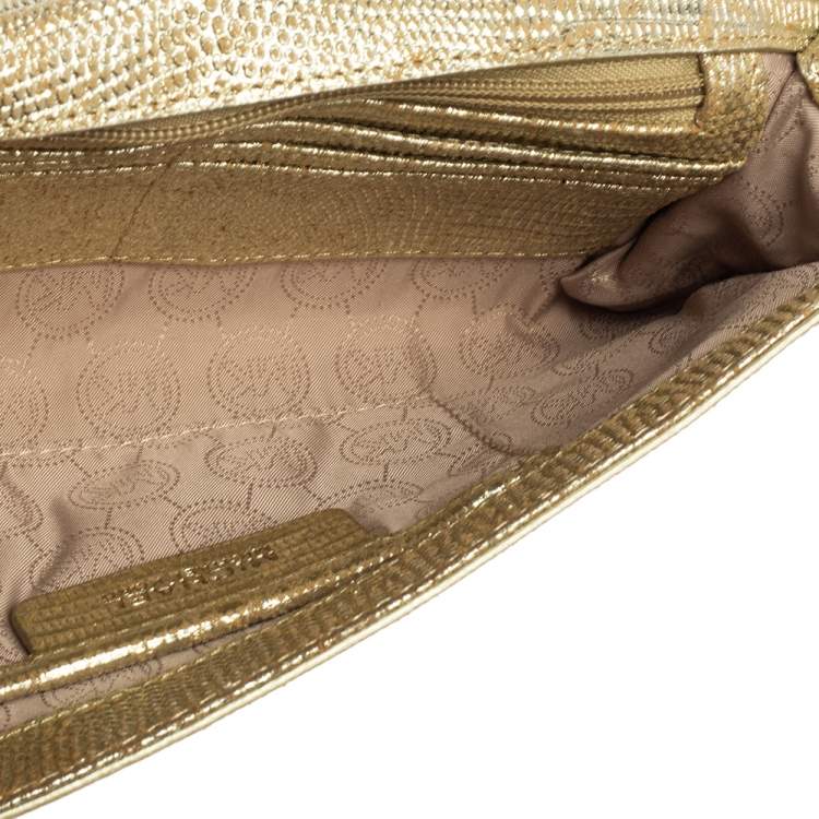 Pre Owned MICHAEL Michael Kors Metallic Gold Croc Embossed Leather Tilda Clutch