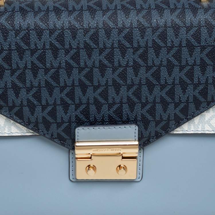 Pre Owned Michael Kors Blue/White Signature Coated Canvas and Leather Kinsley Top Handle Bag