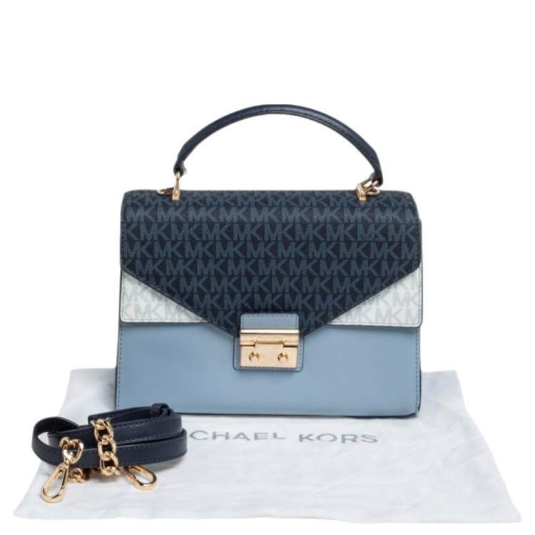 Pre Owned Michael Kors Blue/White Signature Coated Canvas and Leather Kinsley Top Handle Bag