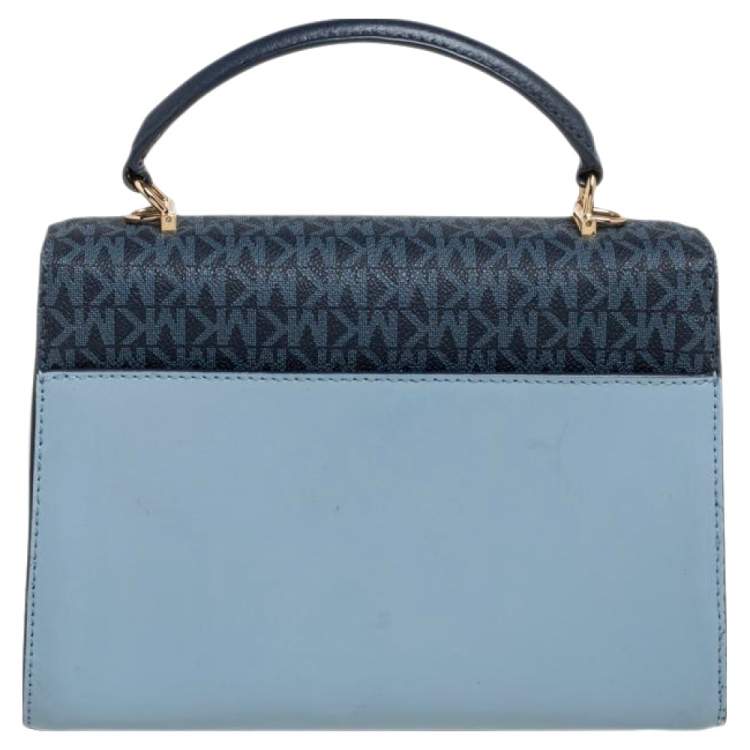 Pre Owned Michael Kors Blue/White Signature Coated Canvas and Leather Kinsley Top Handle Bag