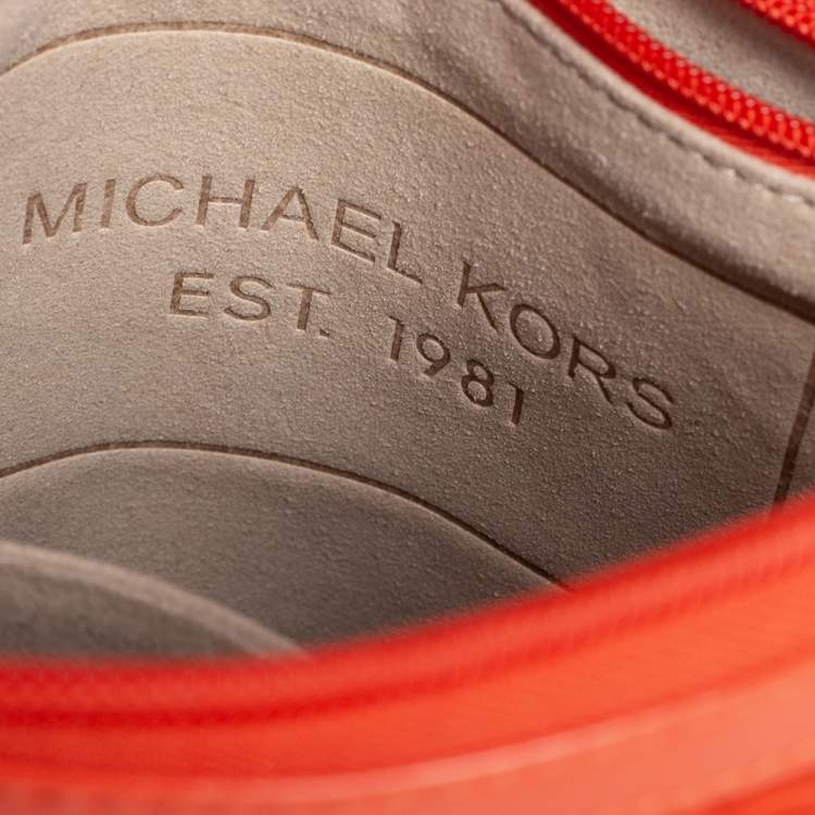 Pre Owned Michael Kors Orange Signature Embossed Neoprene Fabric Messenger Bag