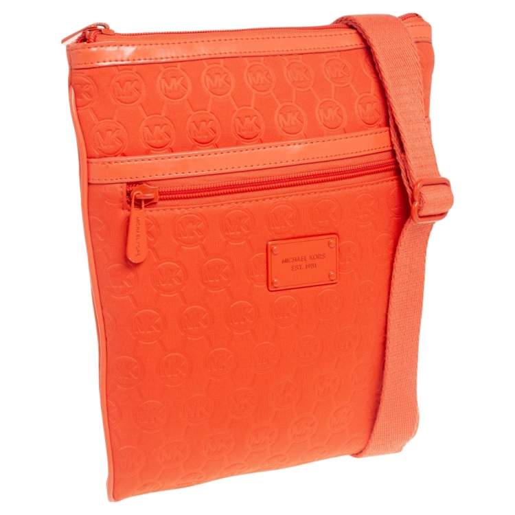 Pre Owned Michael Kors Orange Signature Embossed Neoprene Fabric Messenger Bag