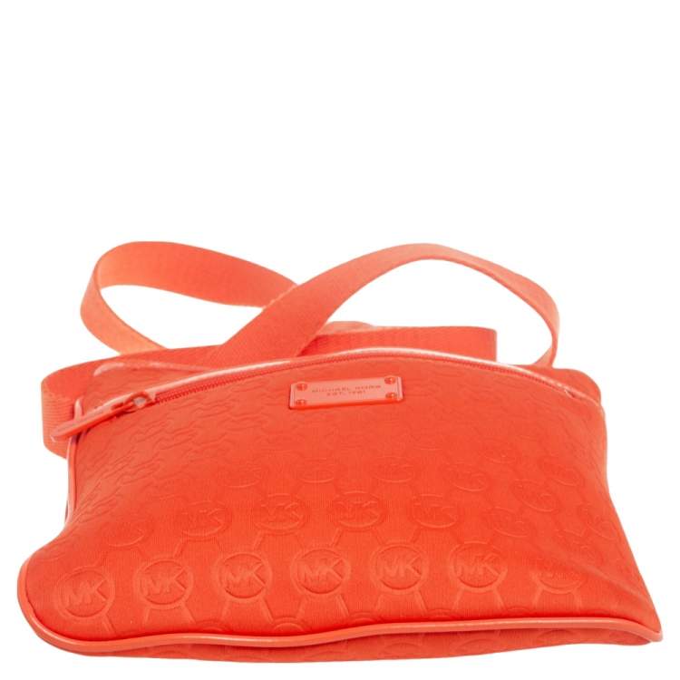 Pre Owned Michael Kors Orange Signature Embossed Neoprene Fabric Messenger Bag