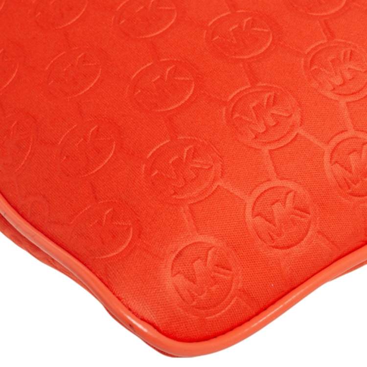 Pre Owned Michael Kors Orange Signature Embossed Neoprene Fabric Messenger Bag
