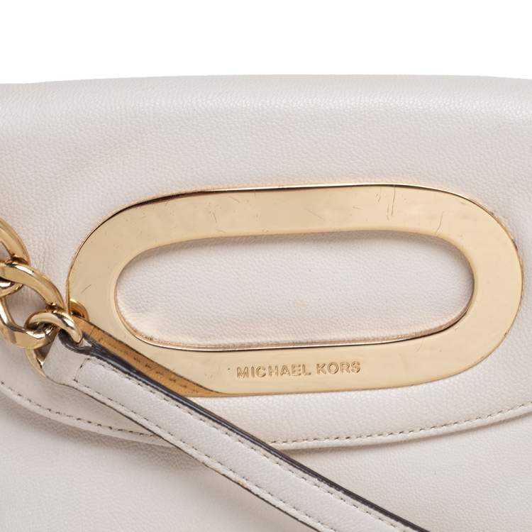 Pre Owned Michael Kors Off White Leather Cut Out Flap Shoulder Bag
