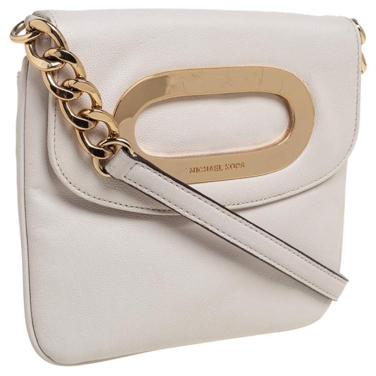 Pre Owned Michael Kors Off White Leather Cut Out Flap Shoulder Bag