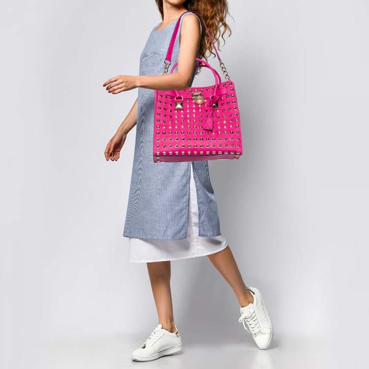 Pre Owned MICHAEL Michael Kors Fuchsia Leather Large Studded Hamilton North South Tote