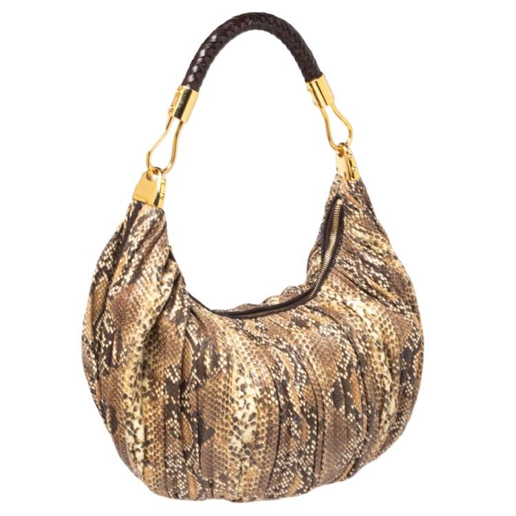 Pre Owned Michael Kors Brown Python Embossed Leather Skorpios Hobo