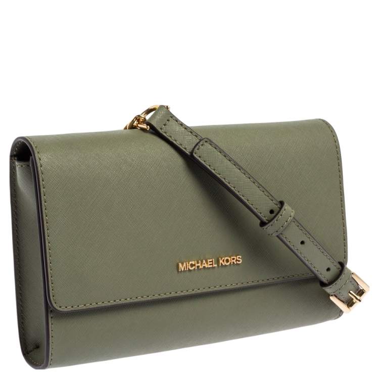 Pre Owned Michael Kors Khaki Green Leather Jet Set Flap Crossbody Bag