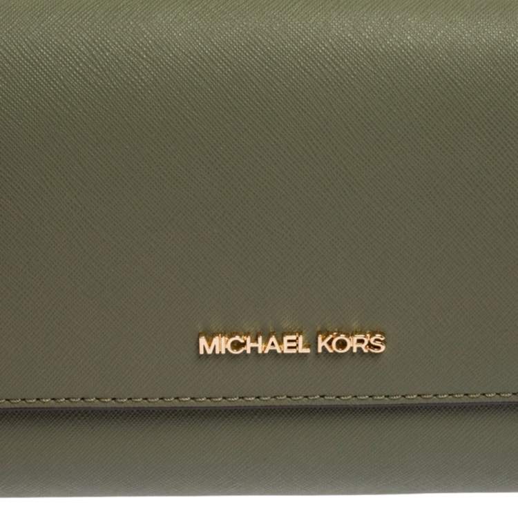 Pre Owned Michael Kors Khaki Green Leather Jet Set Flap Crossbody Bag