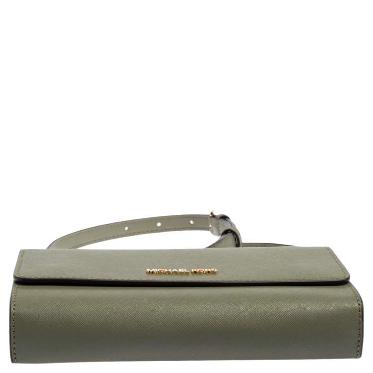 Pre Owned Michael Kors Khaki Green Leather Jet Set Flap Crossbody Bag