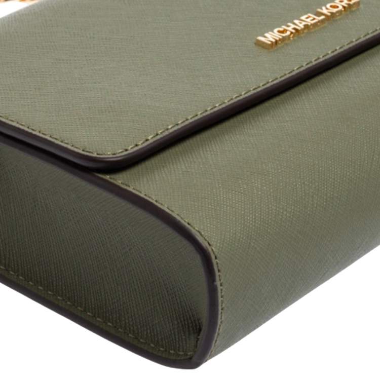 Pre Owned Michael Kors Khaki Green Leather Jet Set Flap Crossbody Bag
