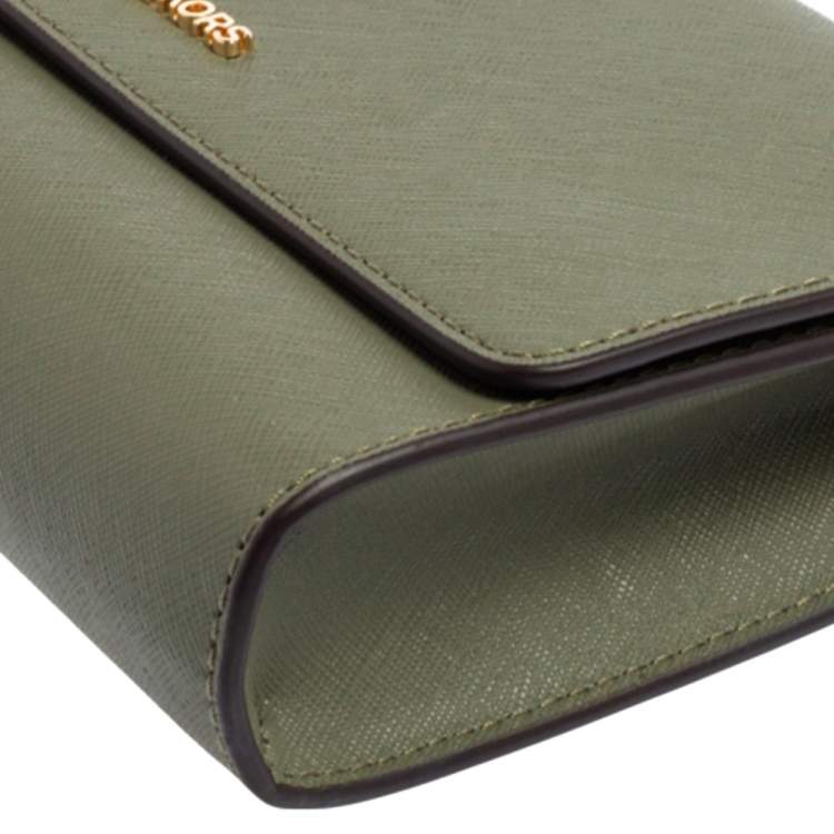 Pre Owned Michael Kors Khaki Green Leather Jet Set Flap Crossbody Bag
