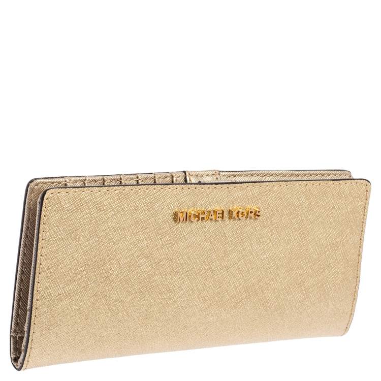 Pre Owned Michael Kors Gold Leather Jet Set Travel Bifold Wallet