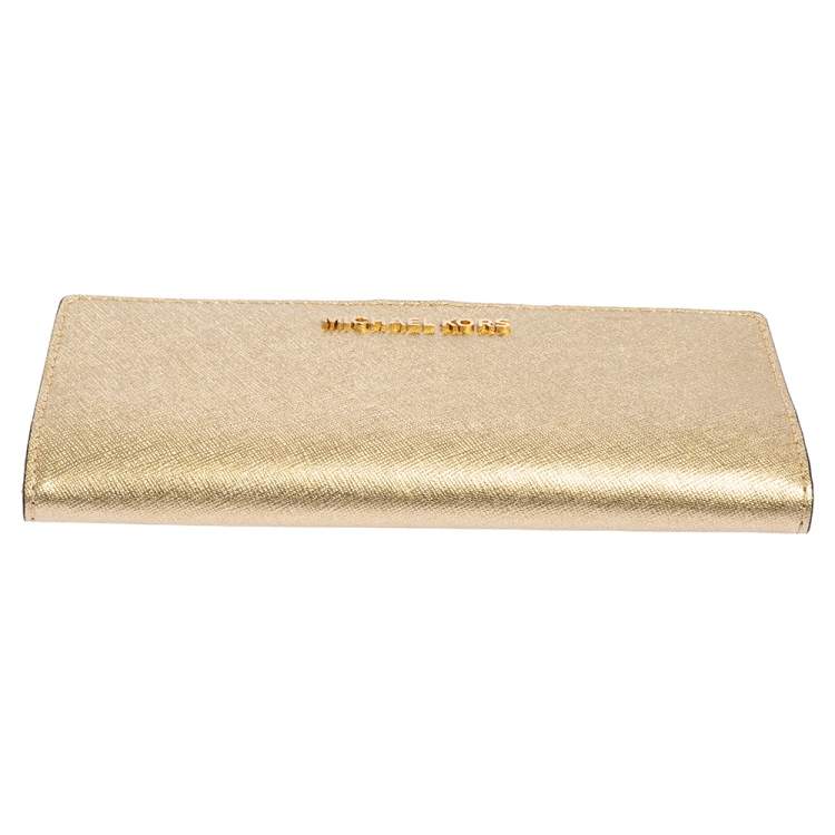 Pre Owned Michael Kors Gold Leather Jet Set Travel Bifold Wallet