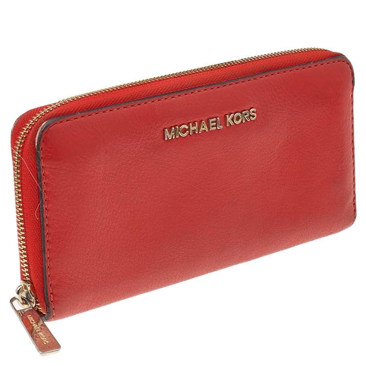 Pre Owned Michael Kors Orange Leather Bedford Zip Around Wallet