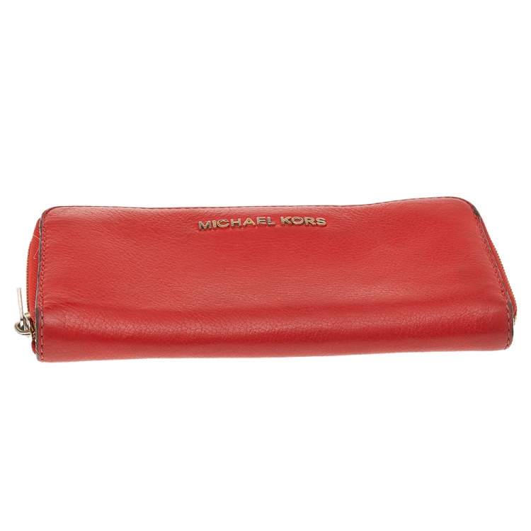 Pre Owned Michael Kors Orange Leather Bedford Zip Around Wallet