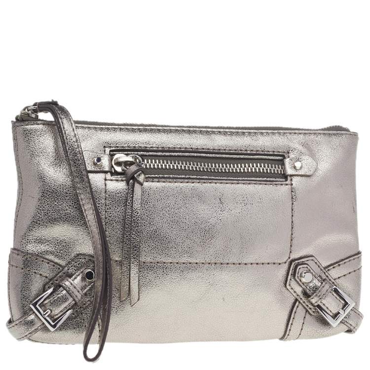 Pre Owned Michael Kors Metallic Silver Leather Fallon Wristlet Clutch