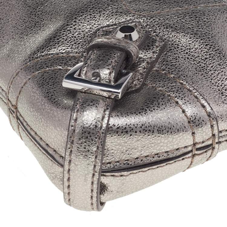 Pre Owned Michael Kors Metallic Silver Leather Fallon Wristlet Clutch