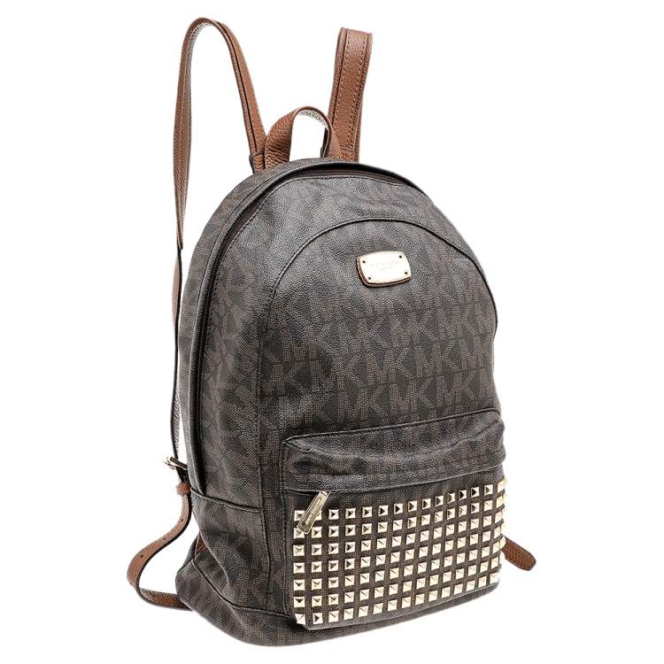 مملوكة مسبقًا MICHAEL Michael Kors Brown Signature Coated Canvas And Leather Studded Jet Set Backpack