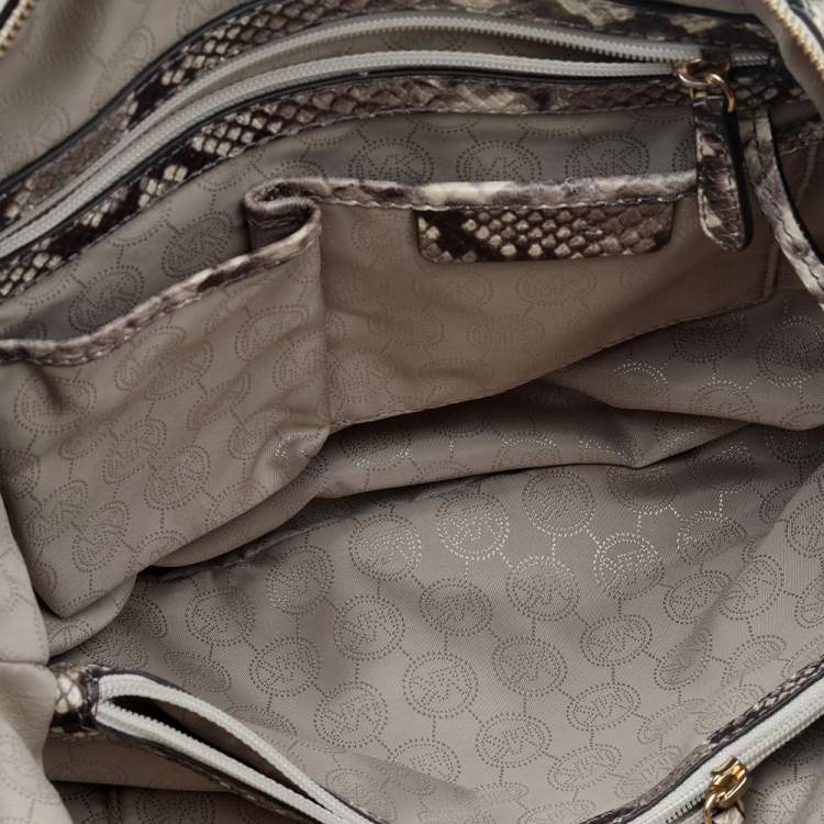 Pre Owned Michael Michael Kors Beige-Black Python Embossed Leather And Leather Large Riley Satchel