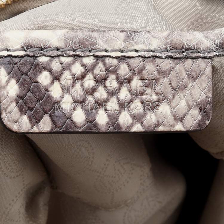 Pre Owned Michael Michael Kors Beige-Black Python Embossed Leather And Leather Large Riley Satchel