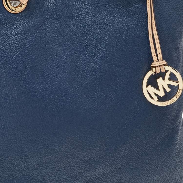 Pre Owned Michael Michael Kors Blue/Beige Leather Jet Set North South Tote