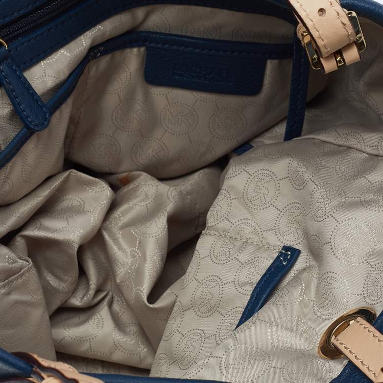 Pre Owned Michael Michael Kors Blue/Beige Leather Jet Set North South Tote