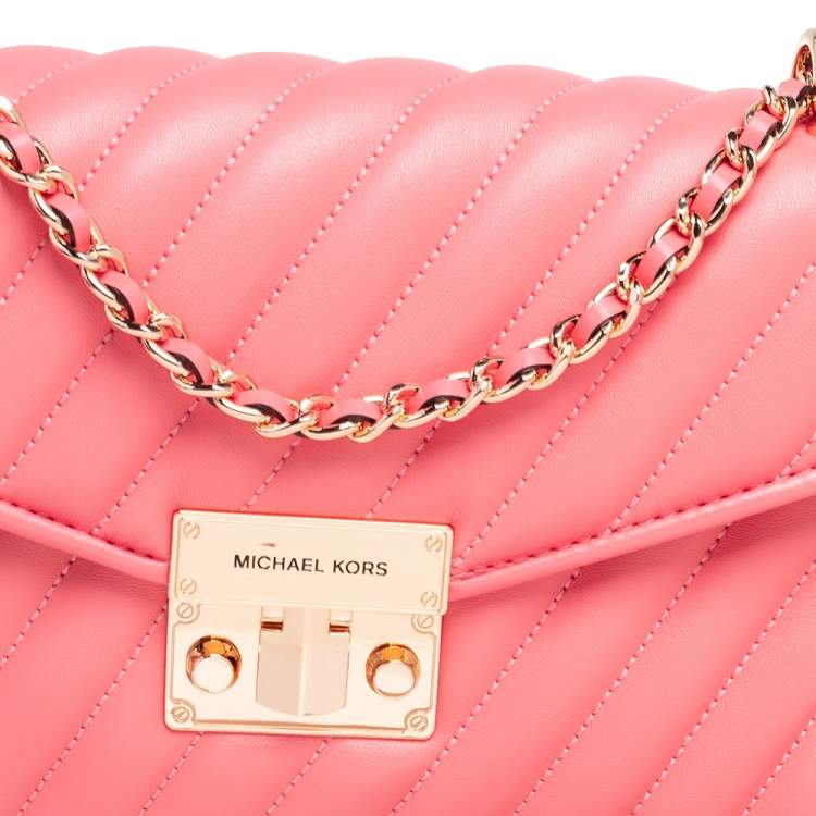 Pre Owned Michael Kors Peach Leather Medium Flap Rose Shoulder Bag