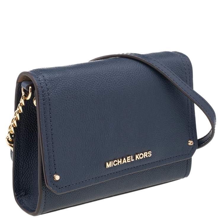 Pre Owned Michael Kors Navy Blue Leather Jet Set Flap Crossbody Bag