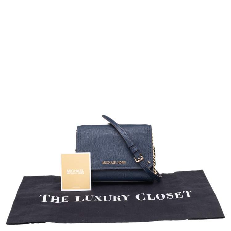 Pre Owned Michael Kors Navy Blue Leather Jet Set Flap Crossbody Bag